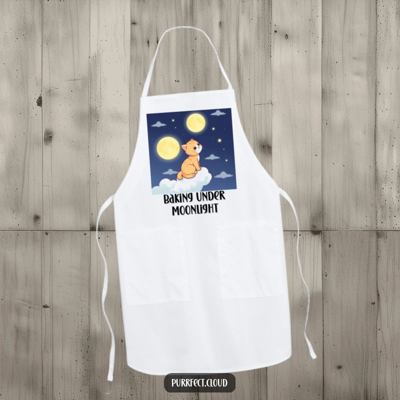 Funny cat apron, a cat gazes at the moon from a cloud, whimsical and functional kitchen wear.