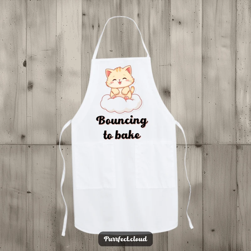 Funny fluffy cat apron, a cat joyfully bouncing on a cloud, perfect for kitchen fun and humor.