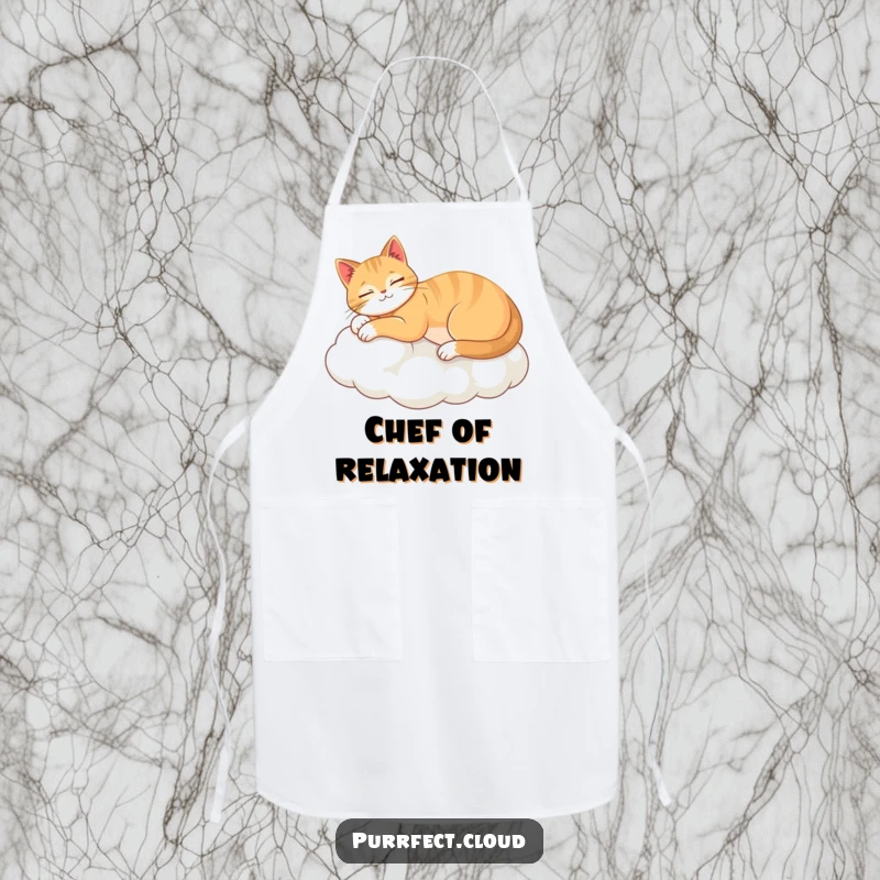 Funny apron depicting a serene cat stretching on a cloud, bringing a humorous and relaxed vibe to any kitchen.