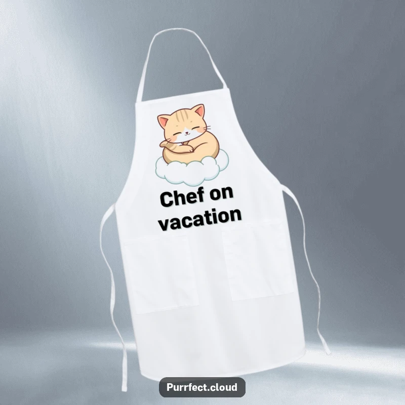 Funny apron depicting a cat peacefully curled up, gently carried by a floating cloud, bringing serene charm and calm to kitchen adventures.