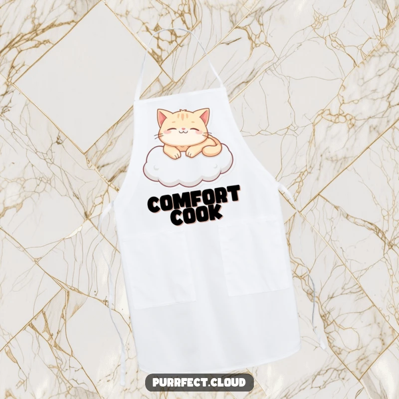 Funny purring cat cloud apron, showing a content cat lounging on a cloud, adding humor and calmness to kitchen activities, a great gift.