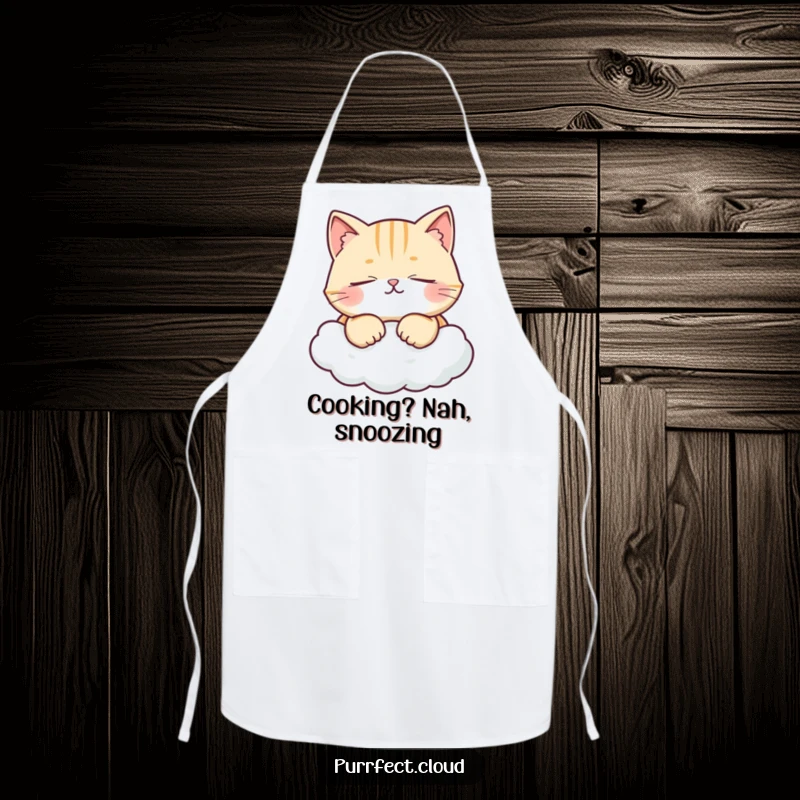 Funny apron showing a cat with eyes closed, purring contentedly on a cloud, ideal for chefs who enjoy humor and comfort.