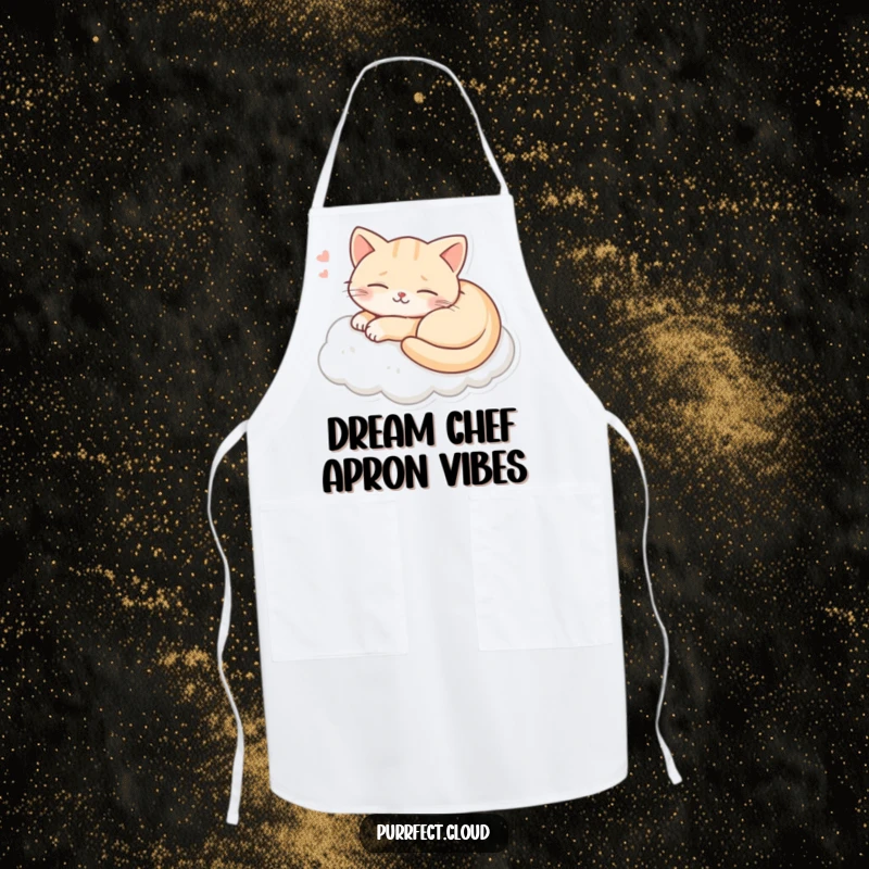 Funny kitchen apron with a happy smiling cat dreaming on a cloud, perfect for lighthearted cooking and baking.