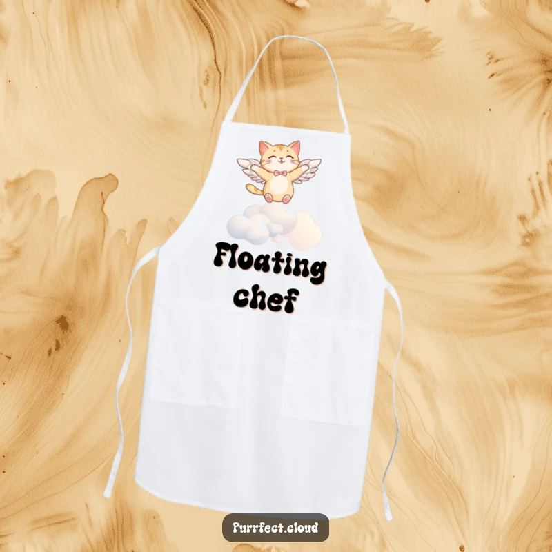 Funny angel cat apron, with wings, soaring joyfully above clouds, adding whimsical charm to the kitchen as a humorous gift.