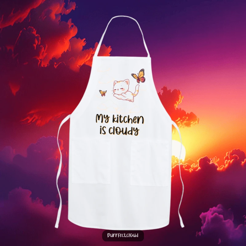Funny Apron: A whimsical design of a cat chasing a butterfly through clouds, perfect for adding playful charm to cooking.