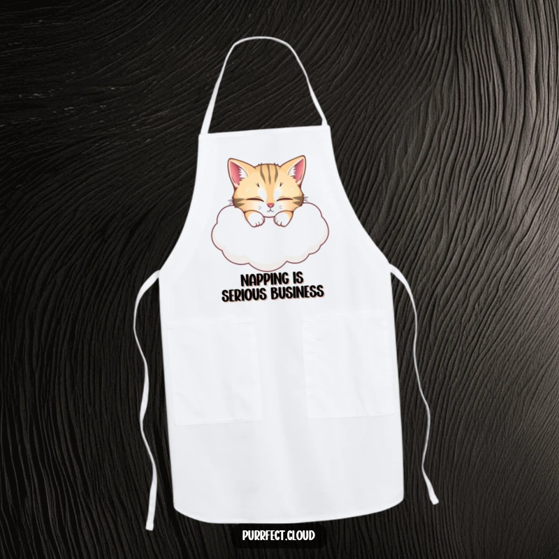 Funny Cat Apron: A wide-eyed cat peacefully napping on a cloud, making kitchen tasks more enjoyable with humor. A practical funny gift.