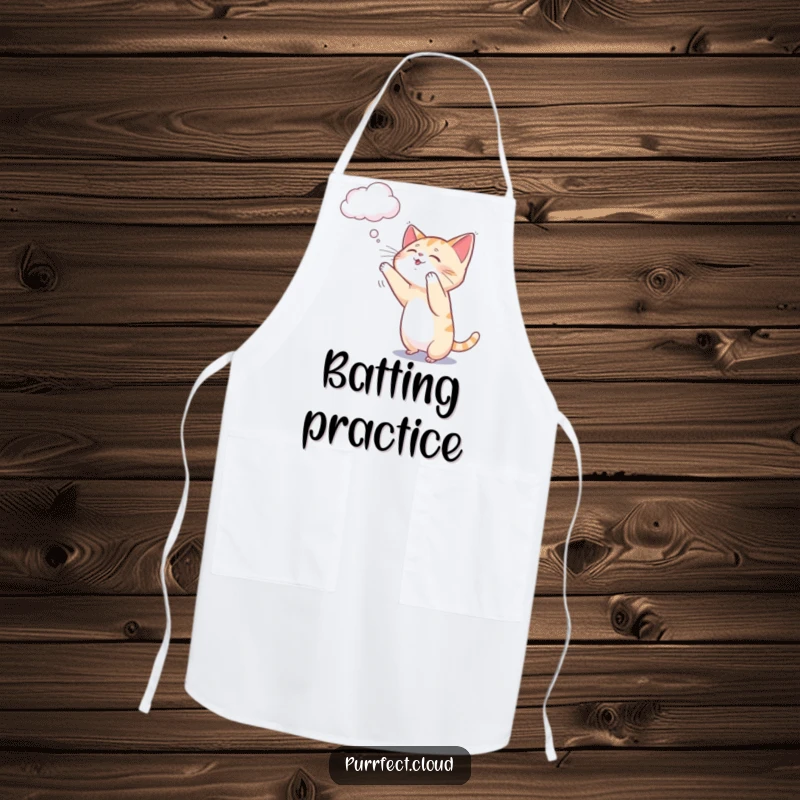 Funny cat apron showing a playful cat batting at a delicate, dangling wisp of cloud.