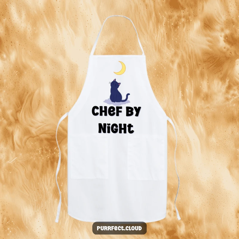 Funny cat silhouette apron with a cat on a cloud looking up at a crescent moon, ideal for a magical and practical cooking experience.