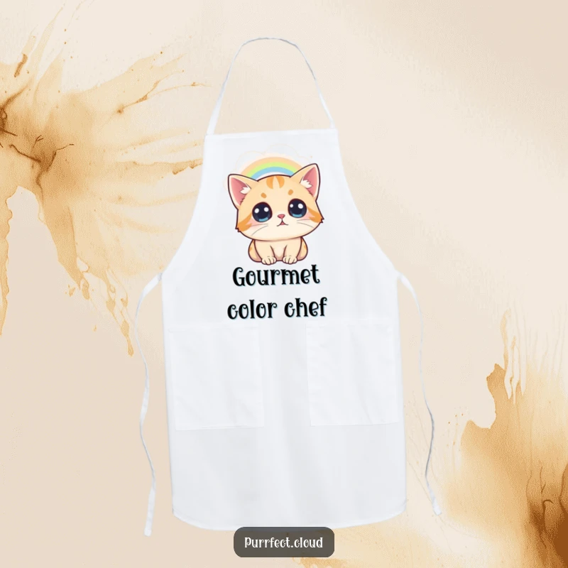 Funny Cat Rainbow Apron, a cat looks at a rainbow from a cloud, awestruck expression, kitchen accessory, humorous present.
