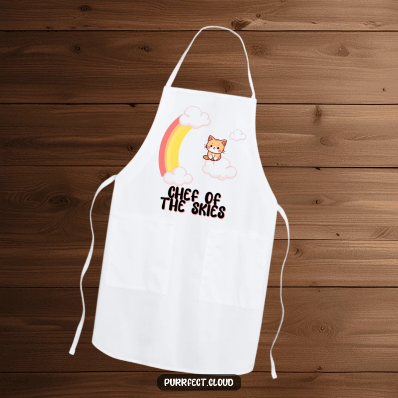 Funny cat apron, a design of a cat sliding down a rainbow, perfect for adding whimsical fun to cooking tasks.