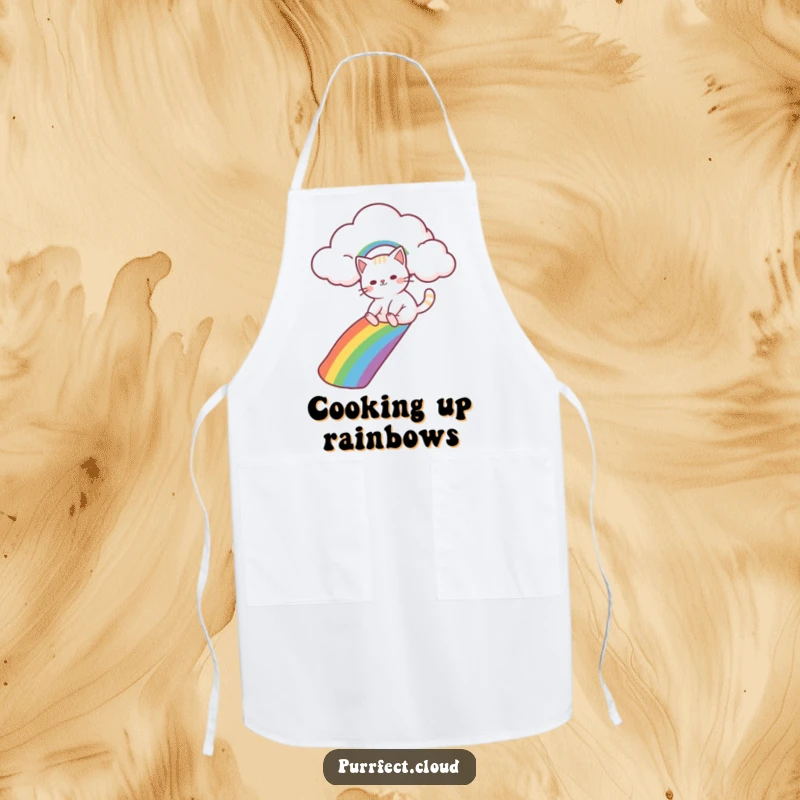 Funny cat character joyfully sliding down a rainbow from a cloud, printed on a practical and charming apron for kitchen fun.