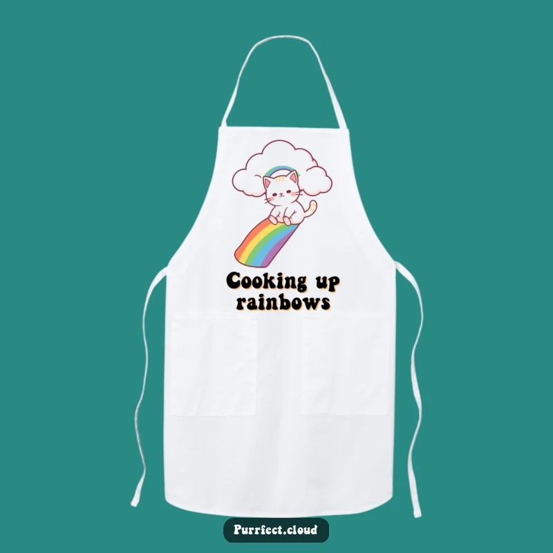 Funny Cat Rainbow Slide Chef Apron - Whimsical Cloud Cooking Fun