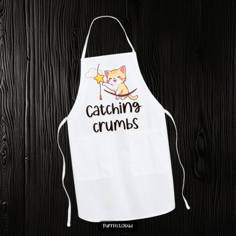 Funny cat reaching up to bat a star from a cloud perch, featured on this playful and functional apron.