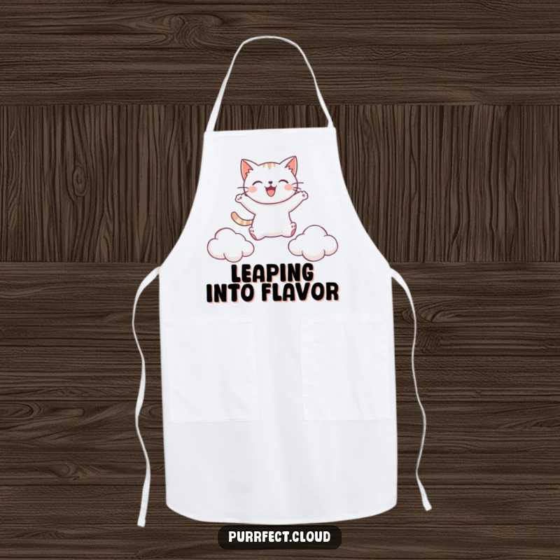 Funny apron with a happy cat leaping between clouds, ready to add fun and flair to cooking tasks.
