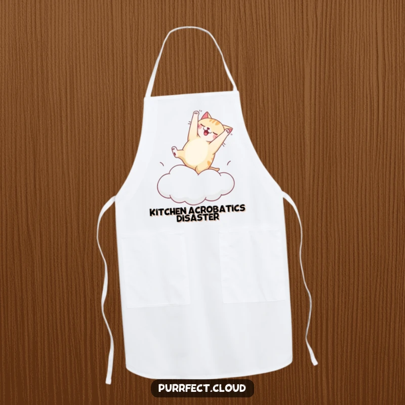 Funny apron depicting a cat hilariously attempting a somersault on a cloud, perfect for adding humor to cooking and kitchen activities.