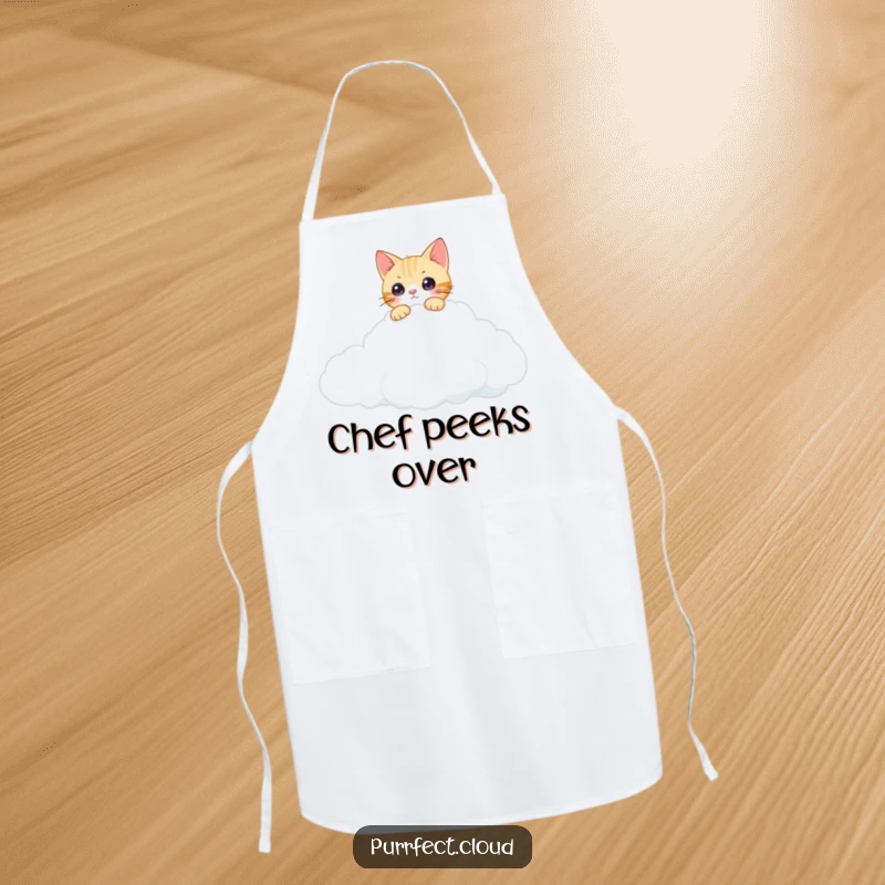 Funny curious cat apron showing a cat peeking over a cloud's edge, perfect for chefs and home cooks with a curious nature.