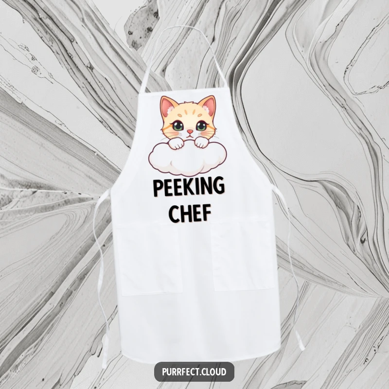 Funny chef apron with a cat peeking over a cloud, ideal for kitchen use and humorous culinary activities.
