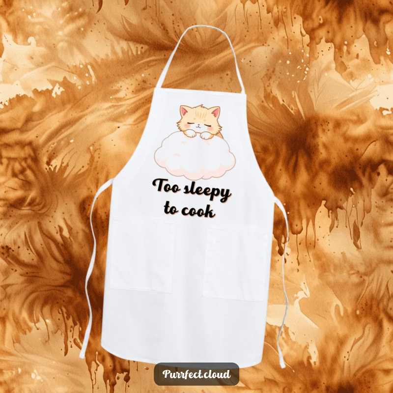Funny Fluffy Cat Apron showing a cat dreaming on a soft cloud, perfect for a cozy and humorous kitchen experience.