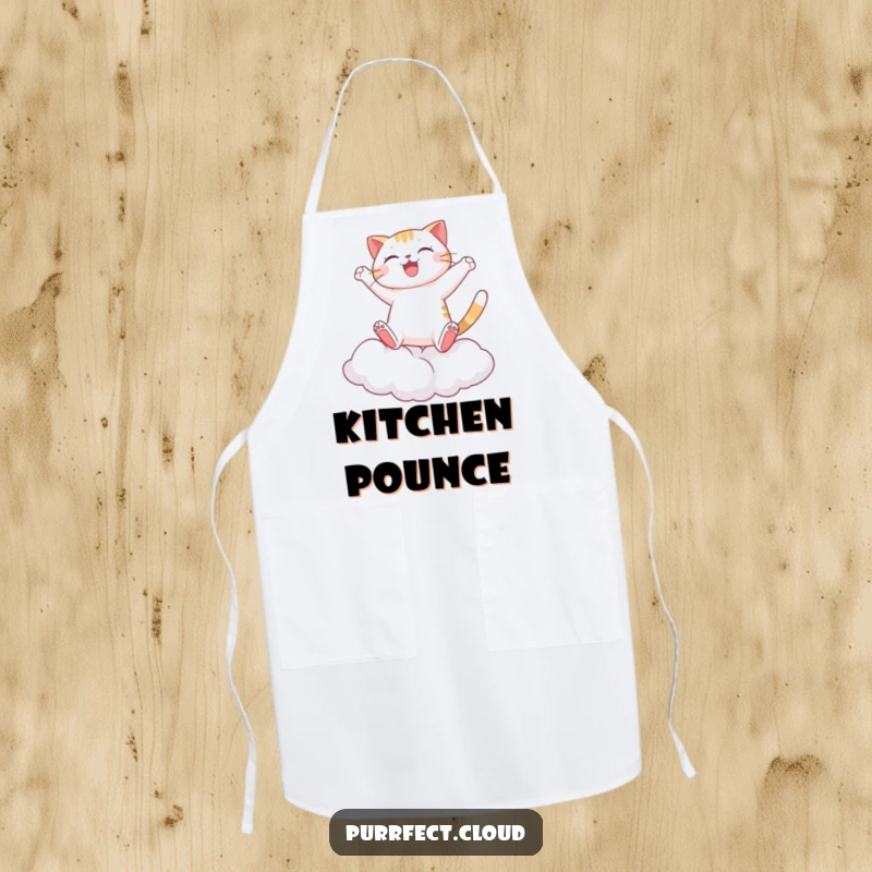 Funny Cat Apron, a joyful cat leaping between clouds, adding humor and playful adventure to kitchen activities, a whimsical culinary accessory.