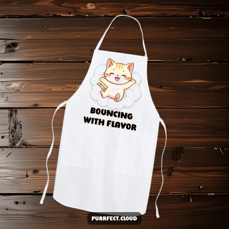 Funny jumping cat cloud apron, showing a playful cat leaping through clouds, adding humor and lightheartedness to kitchen activities, a great gift.