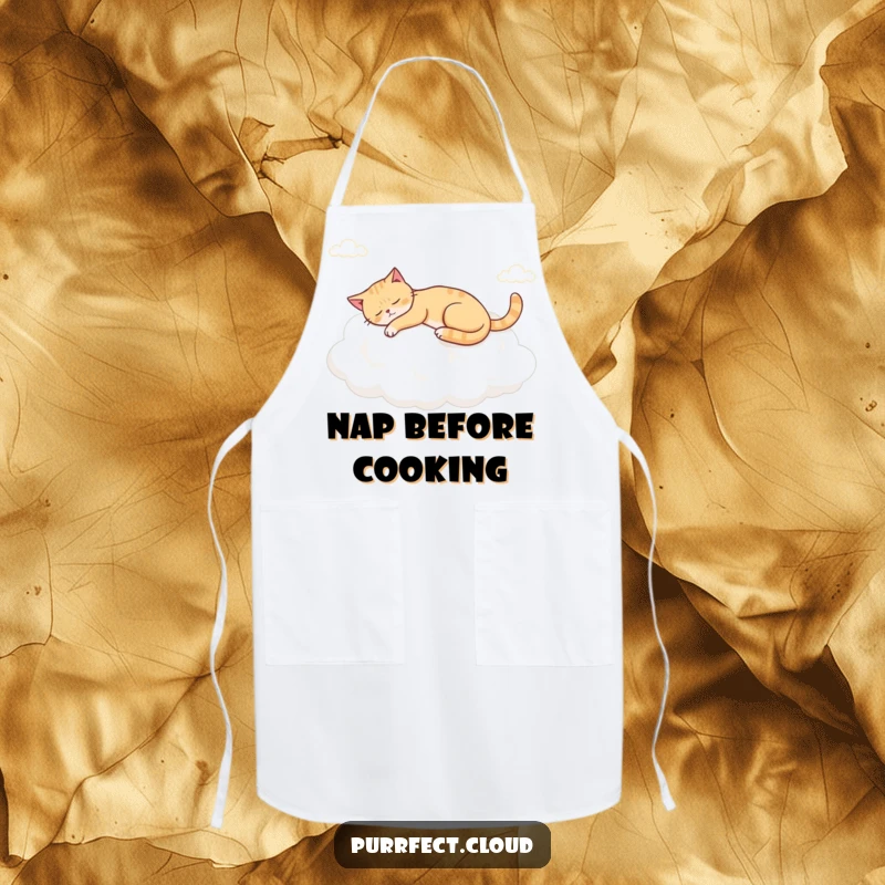Funny napping cloud cat apron, a cat peacefully snoozing on a cloud while you cook.