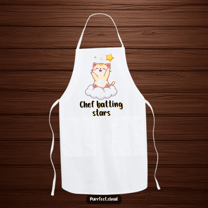 Funny playful cat apron showing a cat batting at a star while sitting on a cloud, perfect for chefs and home cooks.