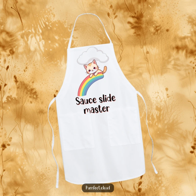 Funny apron with a cat sliding down a vibrant rainbow from a cloud, perfect for adding fun to cooking.
