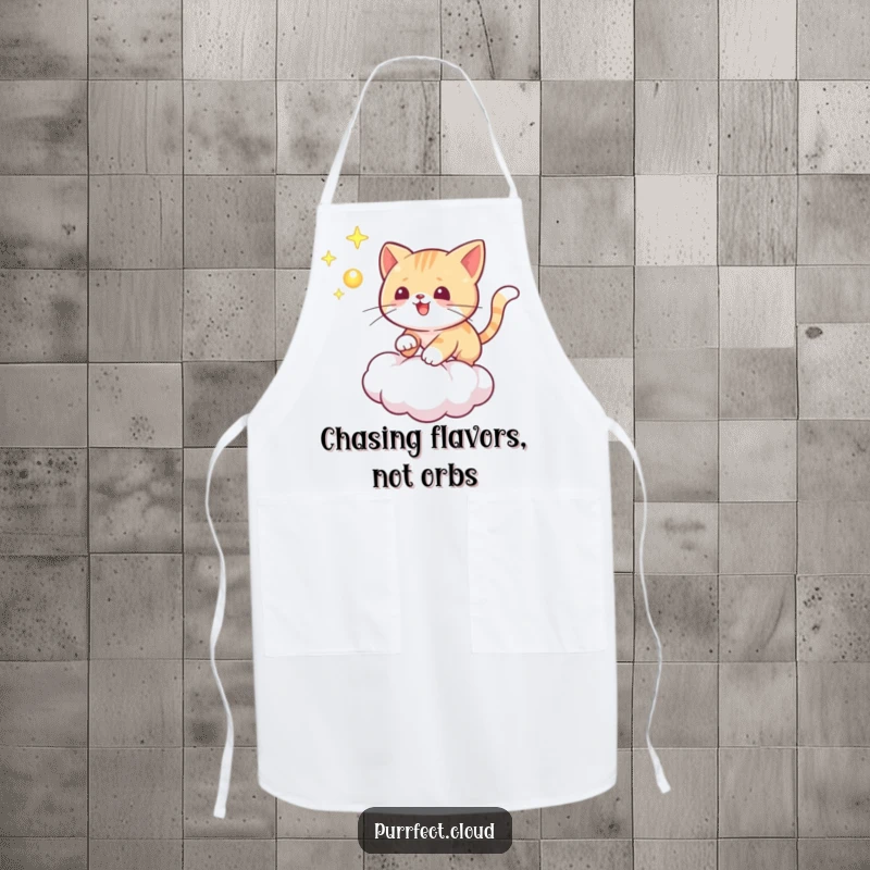 Funny cat apron showing a playful cat chasing a glowing orb on a cloud, functional and magically humorous for the kitchen.