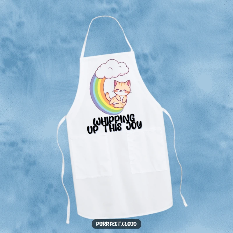 Funny cat apron, a cat slides down a rainbow from a cloud, vibrant and functional kitchen wear.