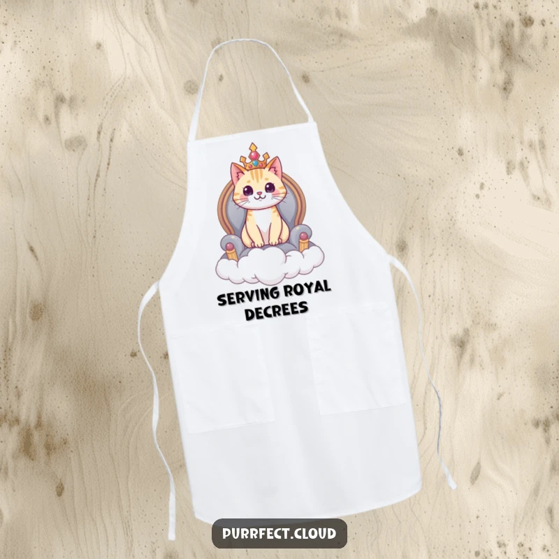 Funny cat apron, a regal cat sits on a cloud throne, commanding and humorous kitchen wear.