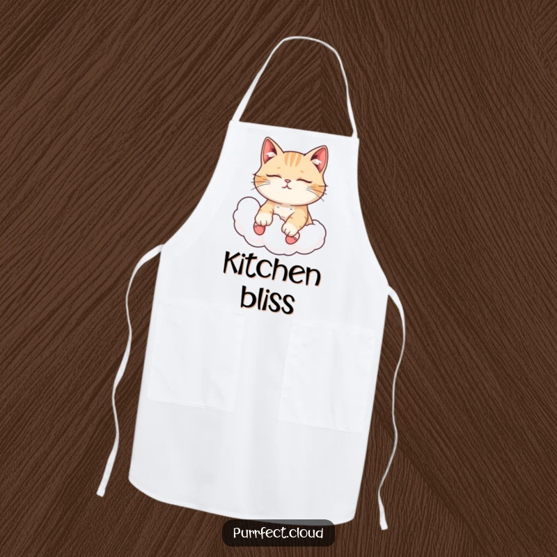 Funny cat apron, with closed eyes, enjoying a cloud ride, adding serene charm to the kitchen.