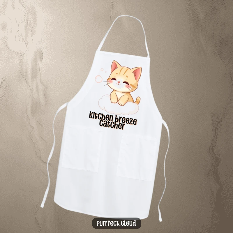 Funny cat on a cloud humorously trying to catch wind while wearing a cute kitchen apron.