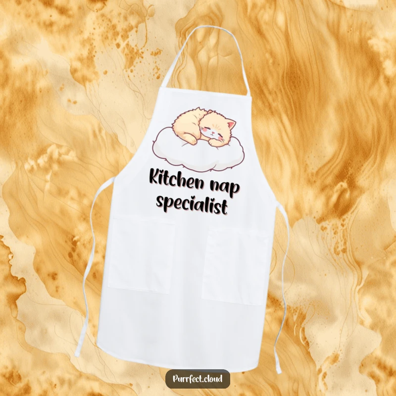 Funny Cat Napping Apron, a cat sleeps on a cloud, kitchen accessory for cooking, cute and humorous present.