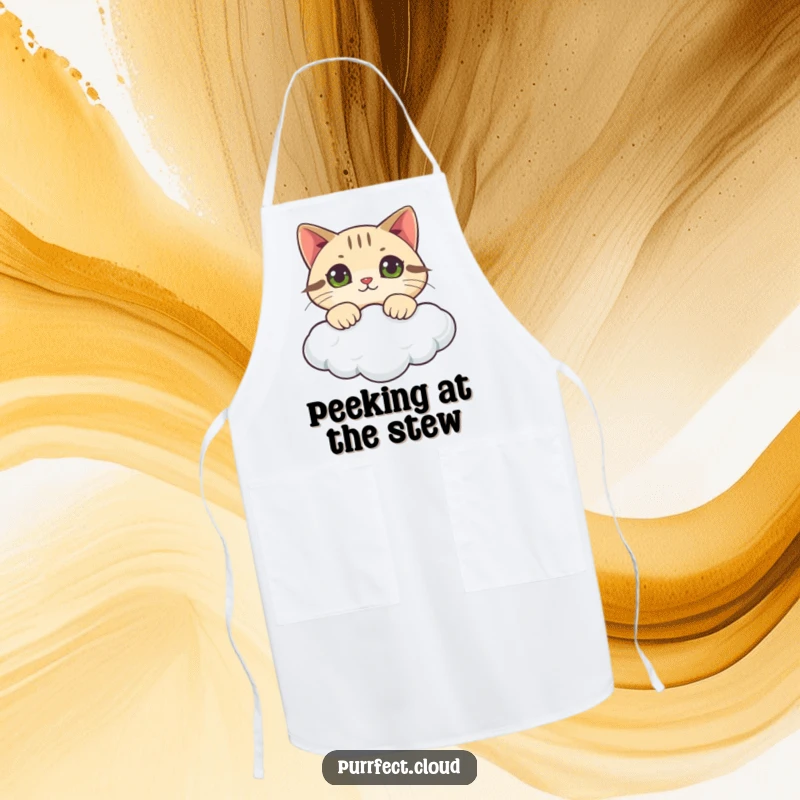 Funny cat apron showing a curious cat peeking over a cloud, functional and humorous for kitchen adventures.