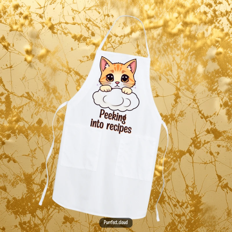 Funny apron with a curious cat peeking over a cloud, a humorous kitchen accessory for cooking and baking lovers.