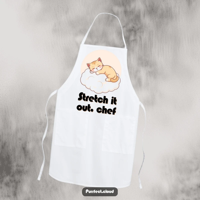 Funny Cat Stretching Apron, a cat stretches on a pink cloud, content and happy, kitchen accessory, humorous present.