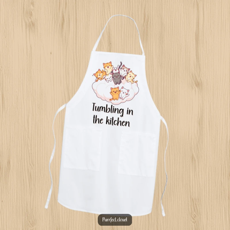 Funny Cat Tumble Apron: Cats joyfully tumbling on a cloud, adding humor and fun to kitchen tasks. A practical funny gift.