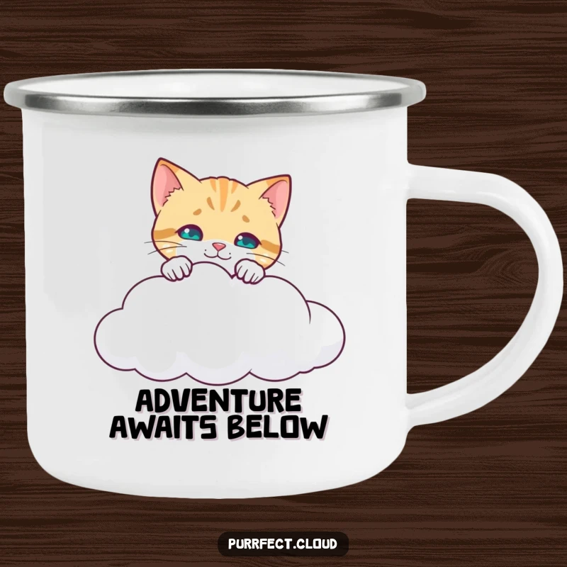 Funny Curious Cat Camping Mug: Cat peeking over a cloud's edge, looking down, durable outdoor drinkware with humorous curiosity. A great funny gift.