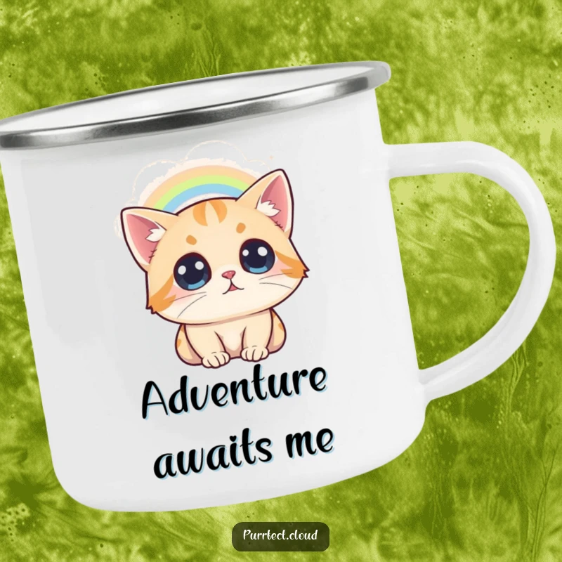 Funny Cat Rainbow Camping Mug, a cat looks at a rainbow from a cloud, wide-eyed and amazed, durable enamelware.