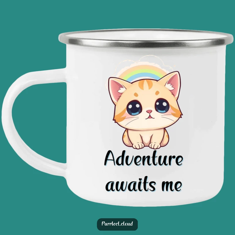 Funny Cat Rainbow Camping Mug: Awestruck Feline, Outdoor Wonder Gift