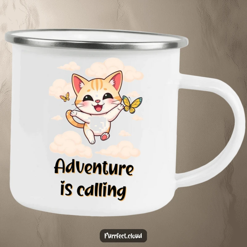 Funny happy cat chasing a butterfly among soft clouds, on a durable camping mug for outdoor use.
