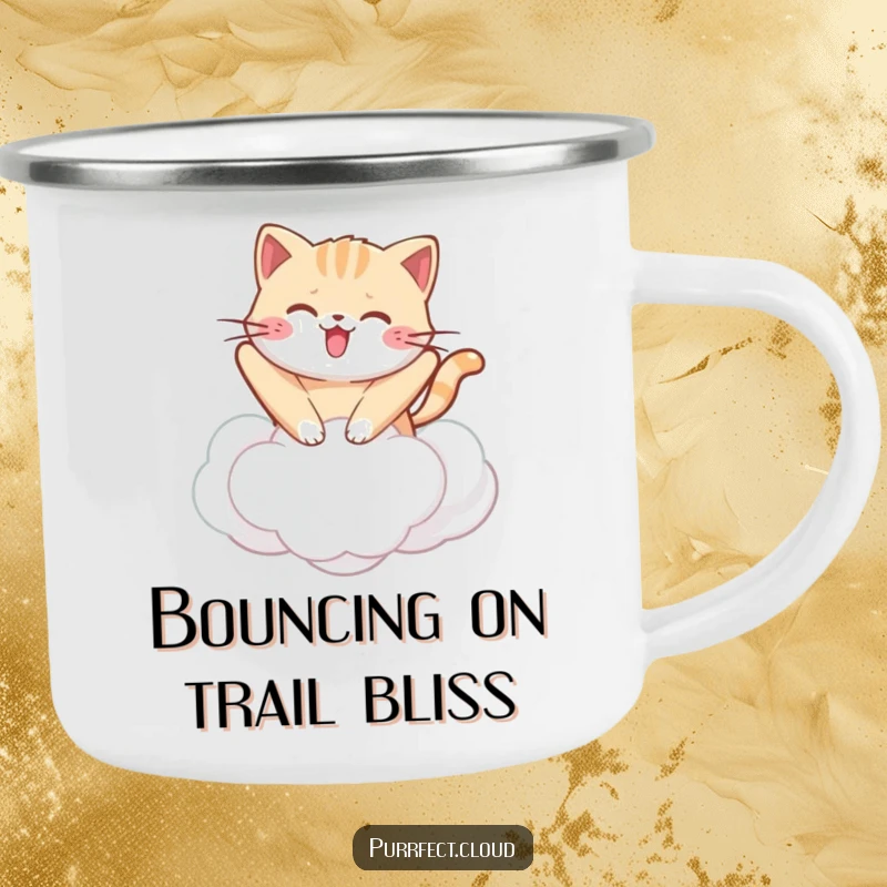 Funny kawaii cat camping mug showing a cute cat bouncing on a cloud, durable and cheerfully humorous for outdoor use.