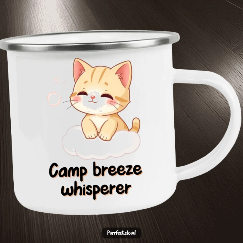 Funny cat on a cloud humorously trying to catch wind on a durable camping mug.