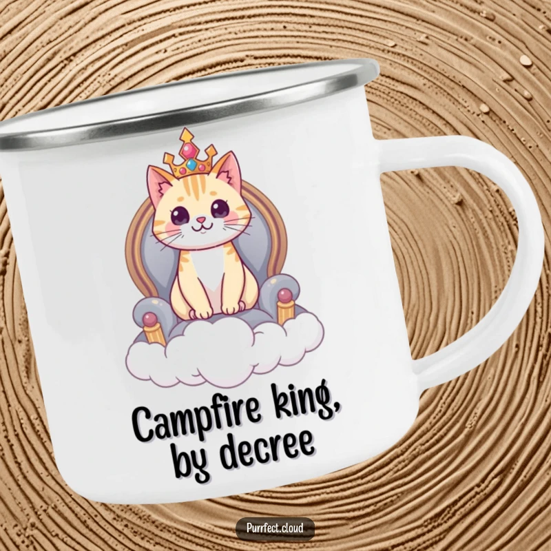 Funny cat camping mug, a regal cat sits on a cloud throne, durable cup for outdoor rulers.