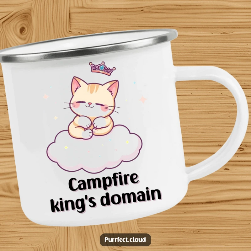 Funny regal cat camping mug with a cat lounging regally on a cloud decorated with sparkles, perfect for adventurous and luxurious outdoor drinks.