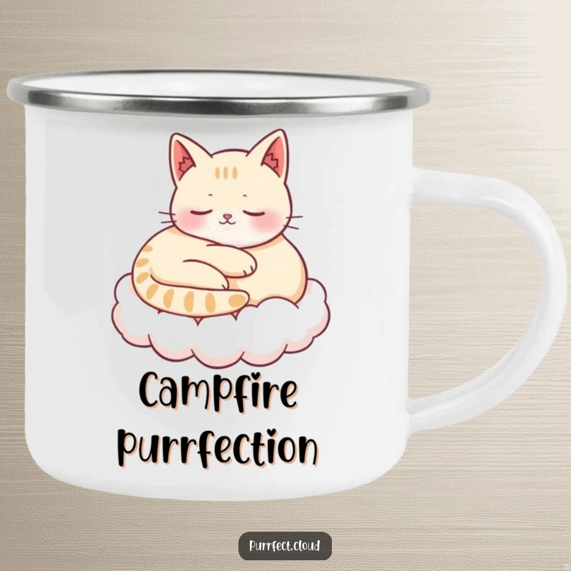 Funny camping mug with a content cat curled up on a cloud, purring, perfect for enjoying peaceful moments outdoors.