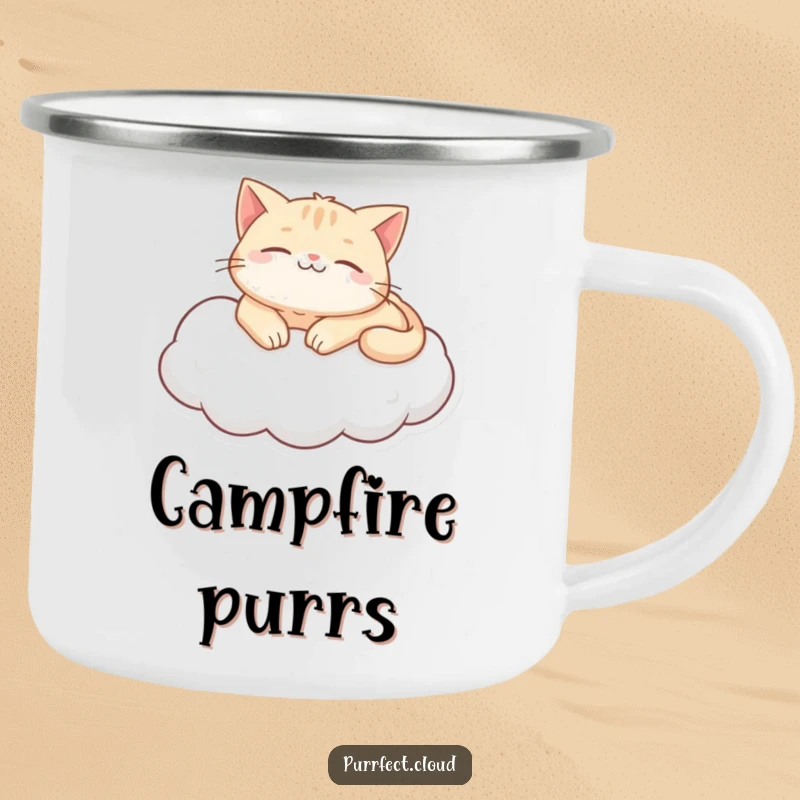 Funny purring cat cloud camping mug, depicting a content cat lounging on a cloud, ideal for hot beverages during relaxed outdoor adventures, a humorous gift.