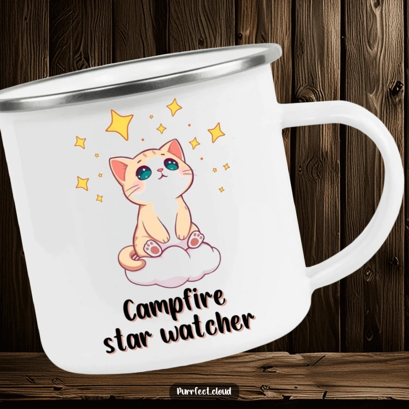 Funny cat on a cloud looking amazed at stars on a durable camping mug.