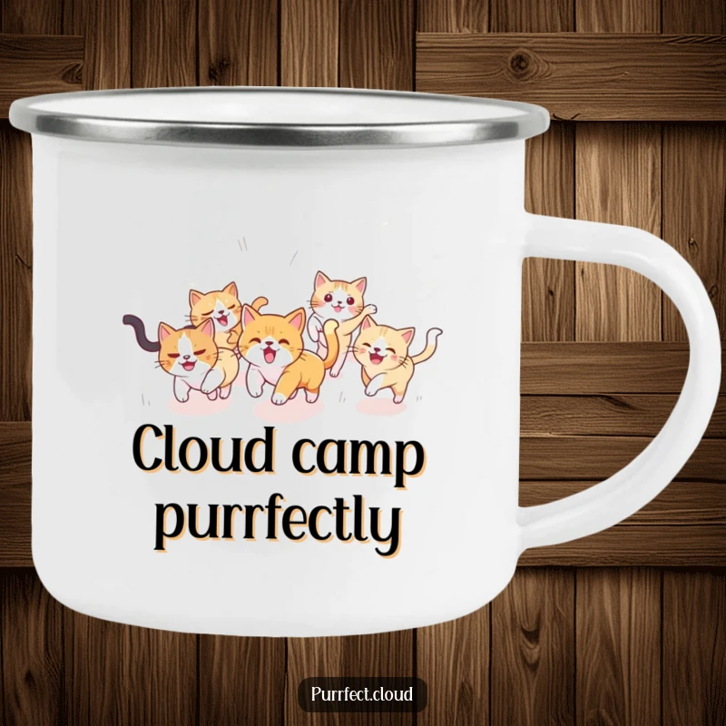 Funny Cat Camping Mug: Whimsical cats chase each other through a cloudy sky, ideal for outdoor adventures and adding humor to your coffee ritual.