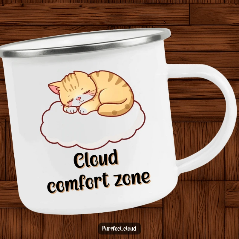 Funny Cat Camping Mug, a peaceful cat napping on a cloud, perfect for adding serene comfort and whimsical fun to outdoor beverages.